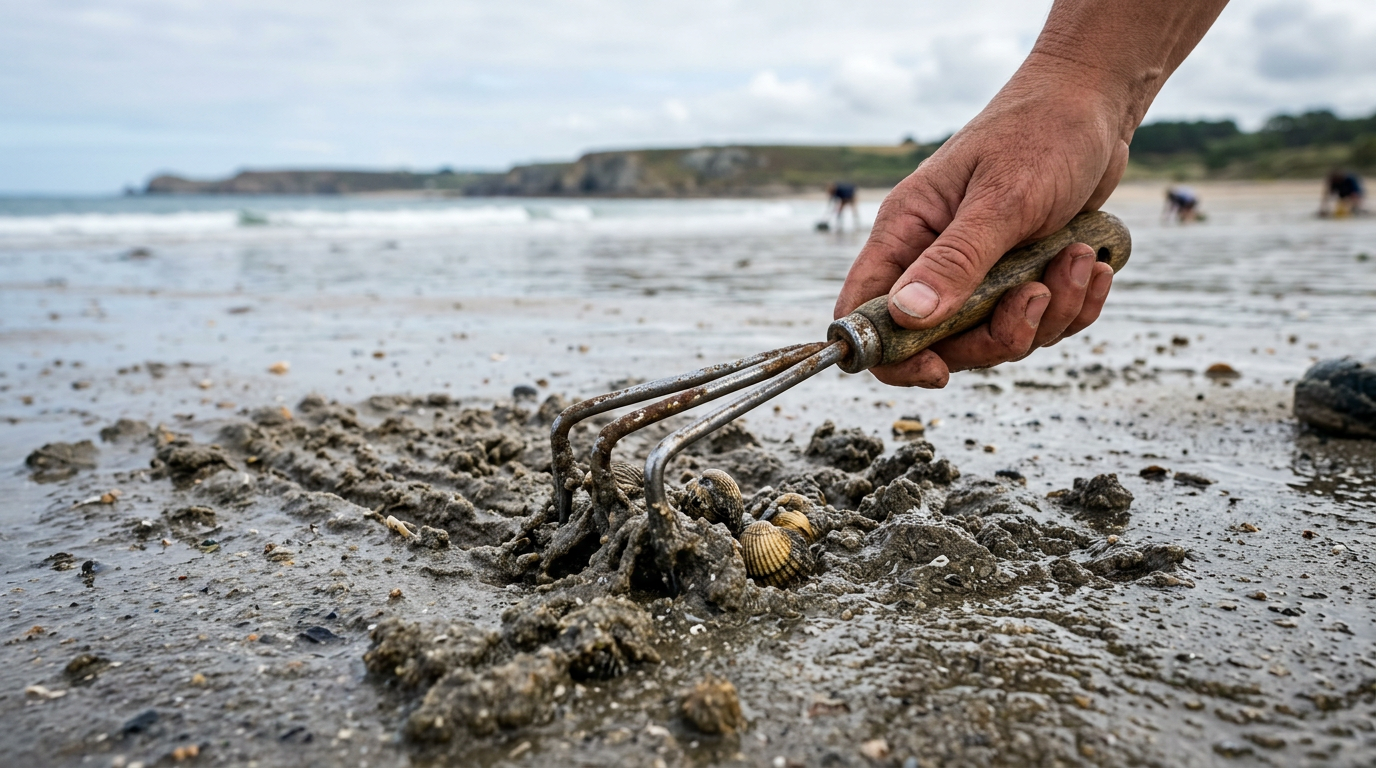 Utilisation d'une petite griffe à trois dents pour gratter le sable