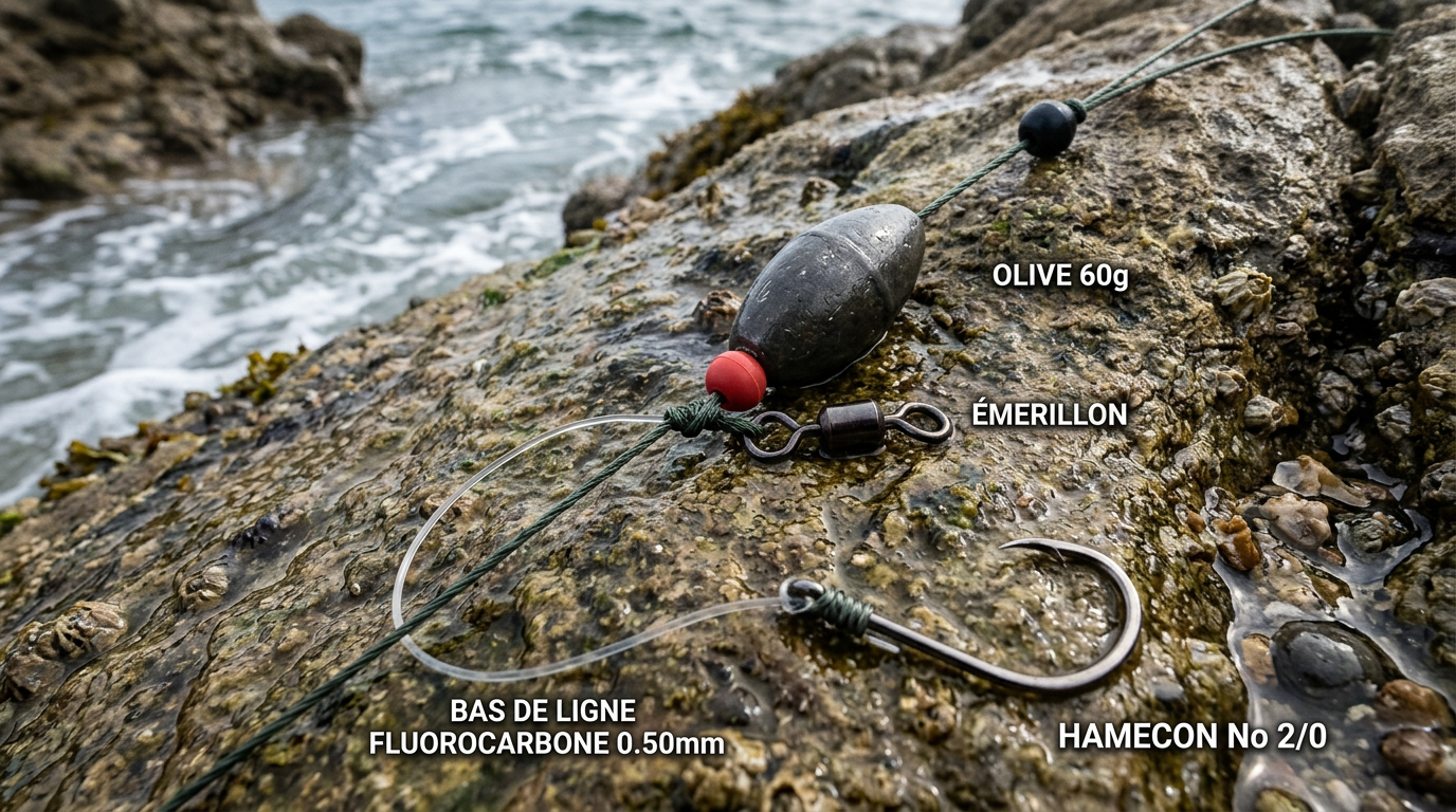 Montage coulissant avec plomb olive et émerillon pour la dorade