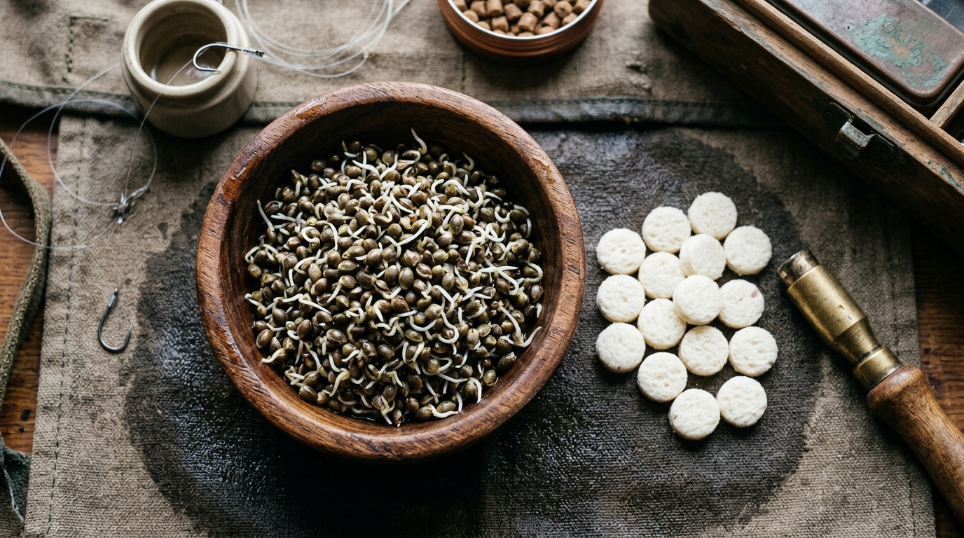 Graines de chènevis cuites avec germe blanc et pastilles de pain pour la pêche