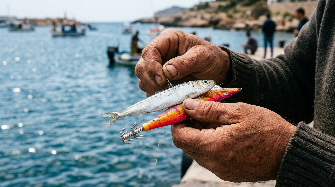 Préparation d'une turlutte avec une sardine fraîche et du fil élastique