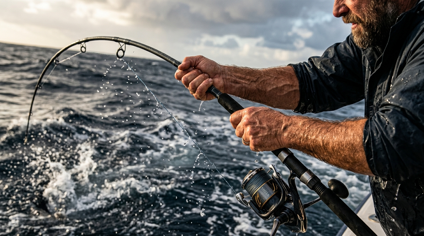 Gros plan sur les muscles tendus d'un pêcheur lors d'un combat extrême