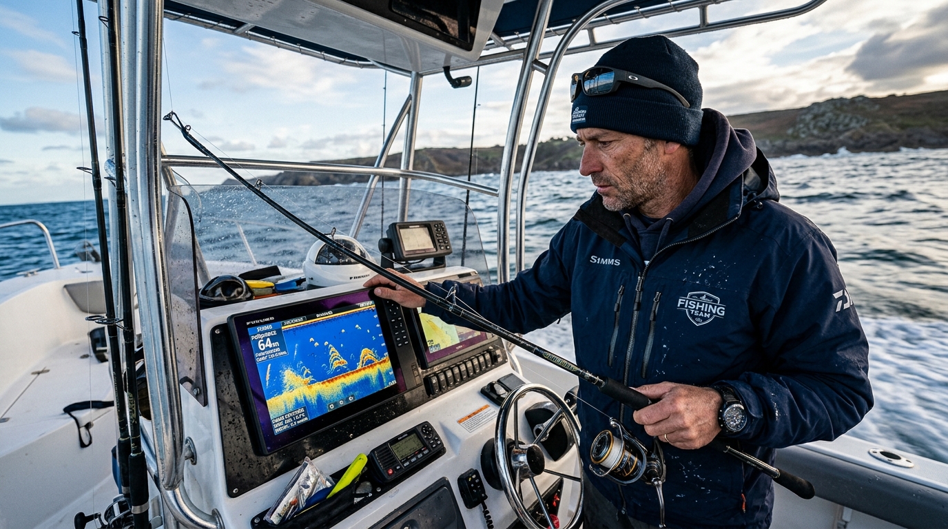 Pêcheur analysant un échosondeur pour une approche tactique