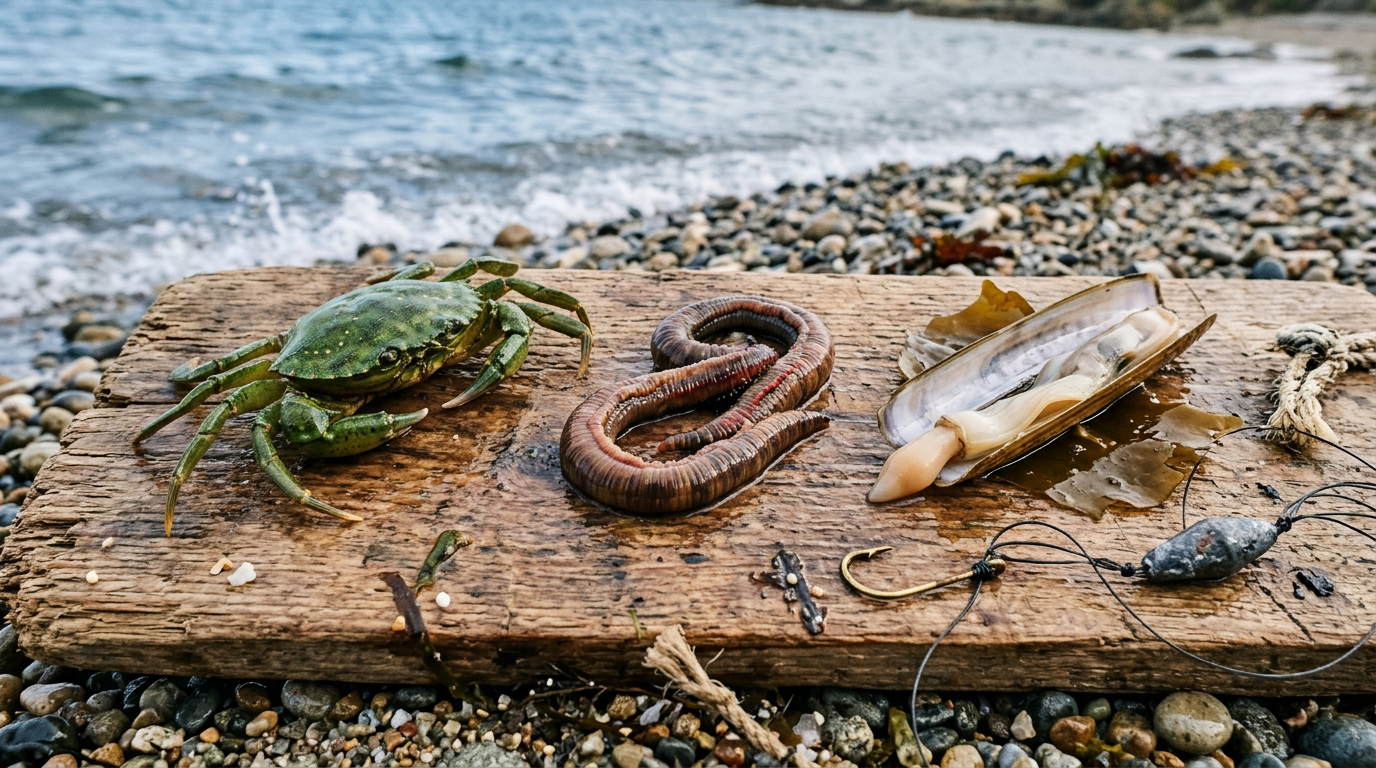 Sélection d'appâts pour la dorade : crabe vert, ver marin et couteau
