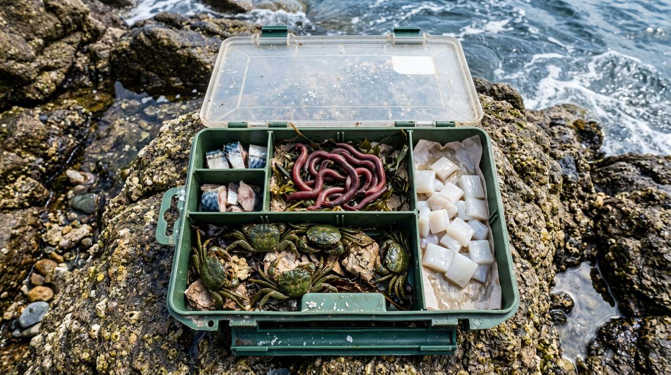 Boîte d'appâts naturels pour la pêche en mer avec vers marins et seiche