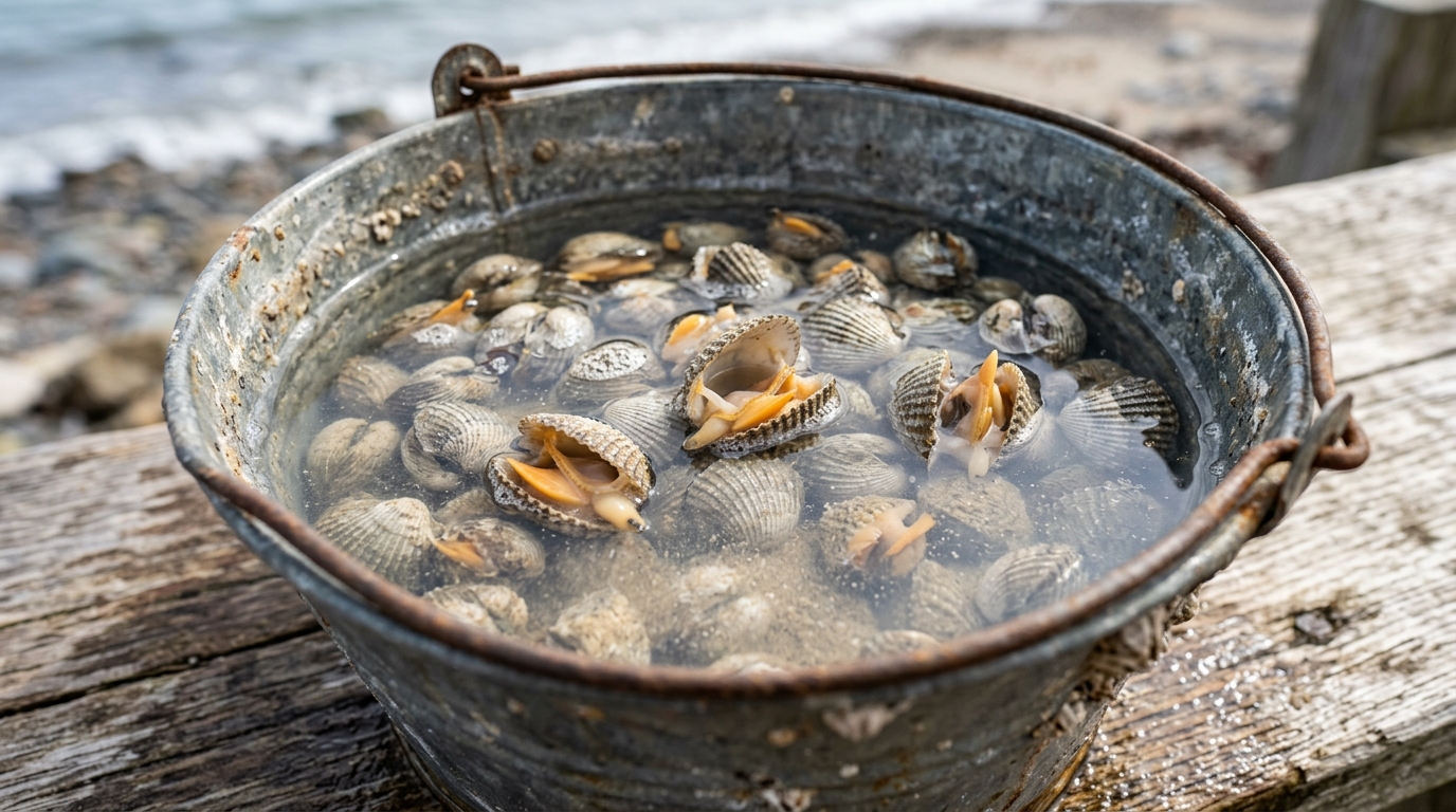 Dégorgeage des coques dans un seau d'eau salée pour enlever le sable