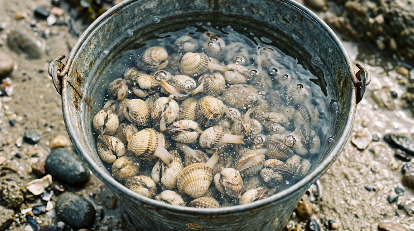 Coques en train de dégorger dans un seau d'eau salée