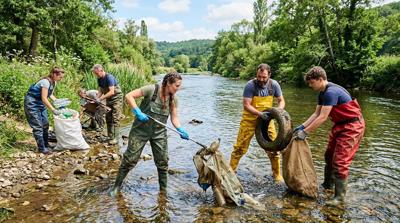Bénévoles d'une AAPPMA nettoyant les berges d'une rivière