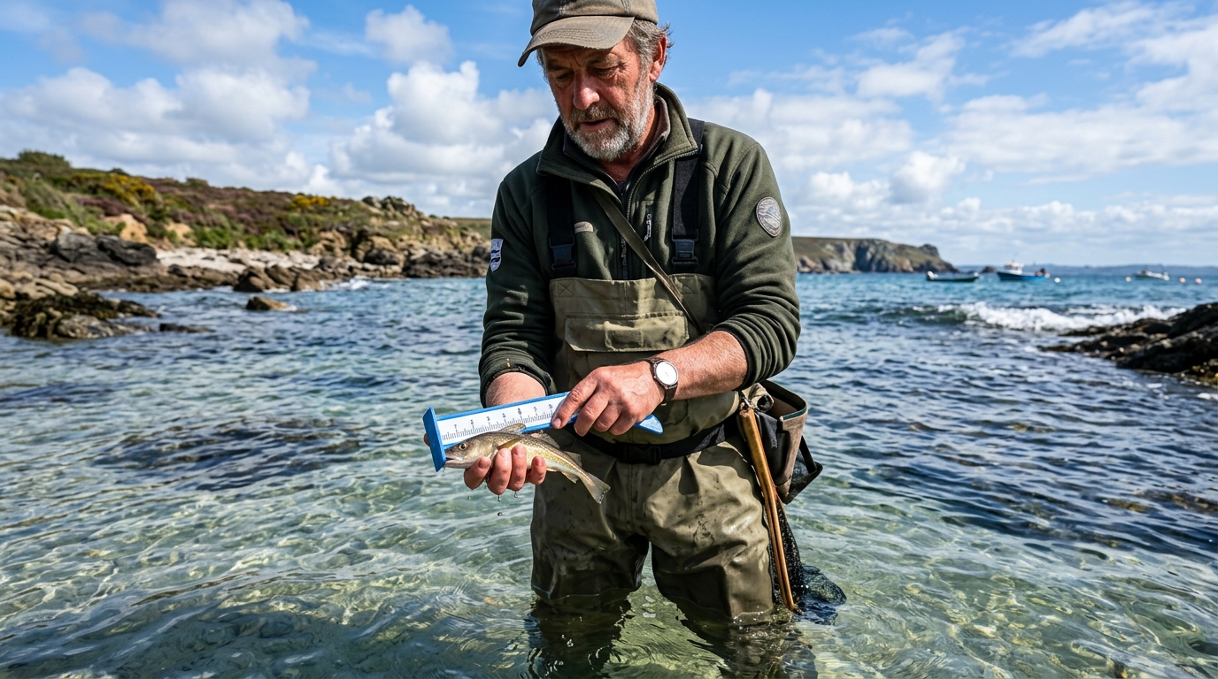 Pêcheur mesurant un poisson avec une pige dans l'eau avant de le relâcher