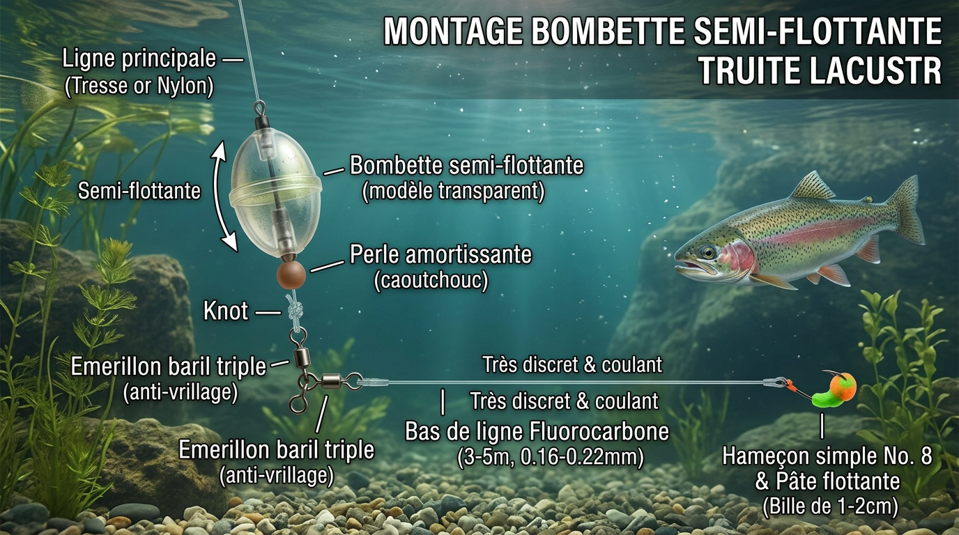 Montage à la bombette pour la pêche à la truite en étang avec pâte