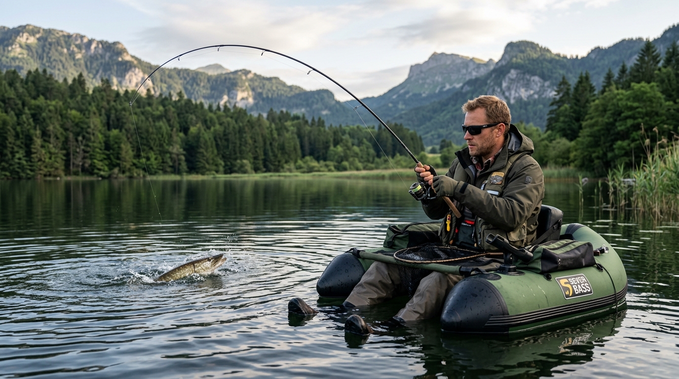 Pêcheur en float tube en plein combat avec un poisson, canne pliée