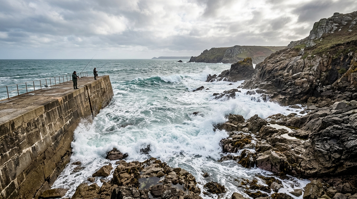 Digue en béton et rochers côtiers formant un poste de pêche idéal