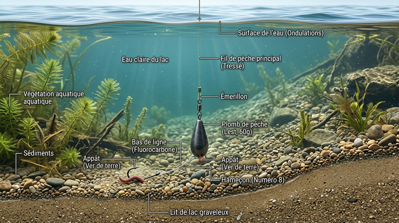 Vue sous-marine d'une sonde de pêche reposant sur le fond en gravier
