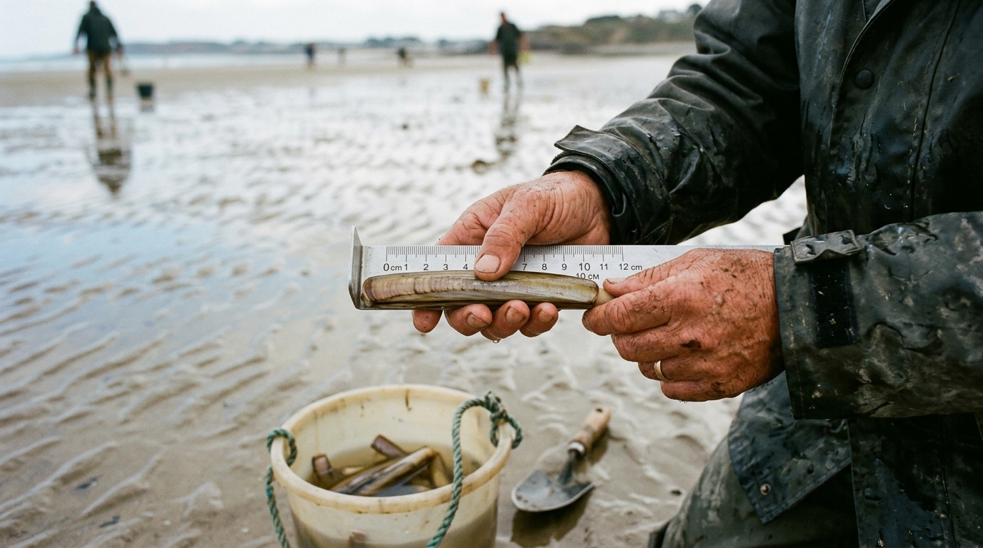 Mesure d'un couteau de mer avec une toise pour respecter la taille légale