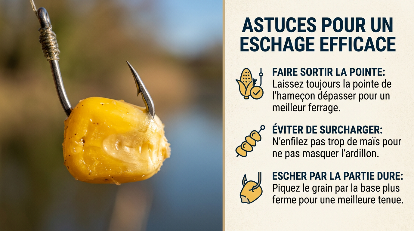 Eschage correct du maïs sur hameçon pointe dégagée