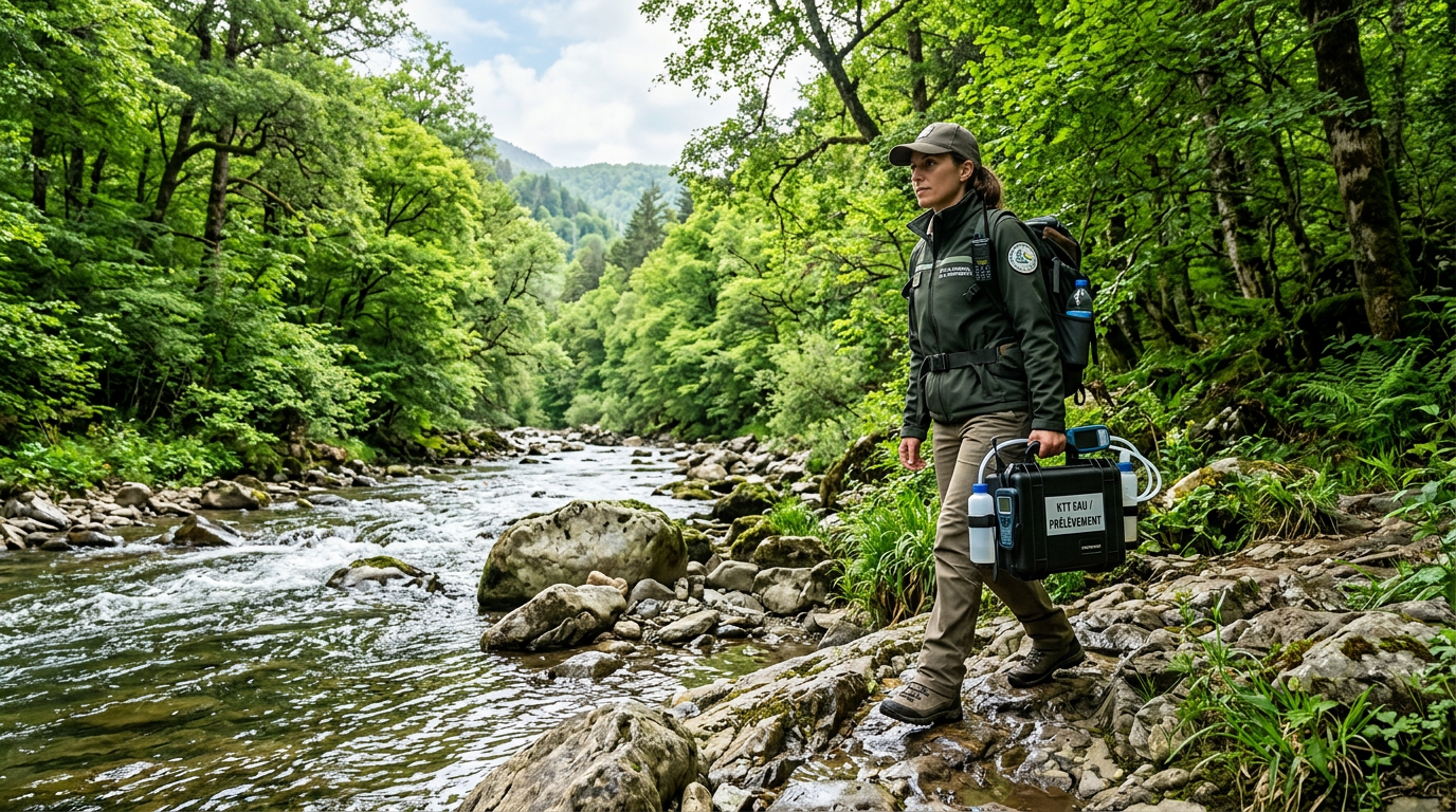 Garde-pêche effectuant des prélèvements d'eau en rivière