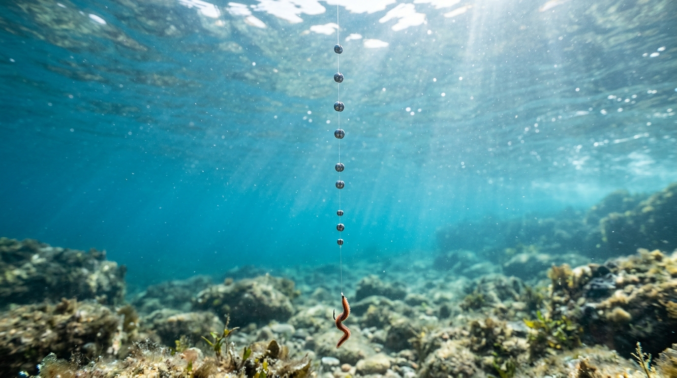 Vue sous-marine d'une ligne de pêche avec une plombée dégressive