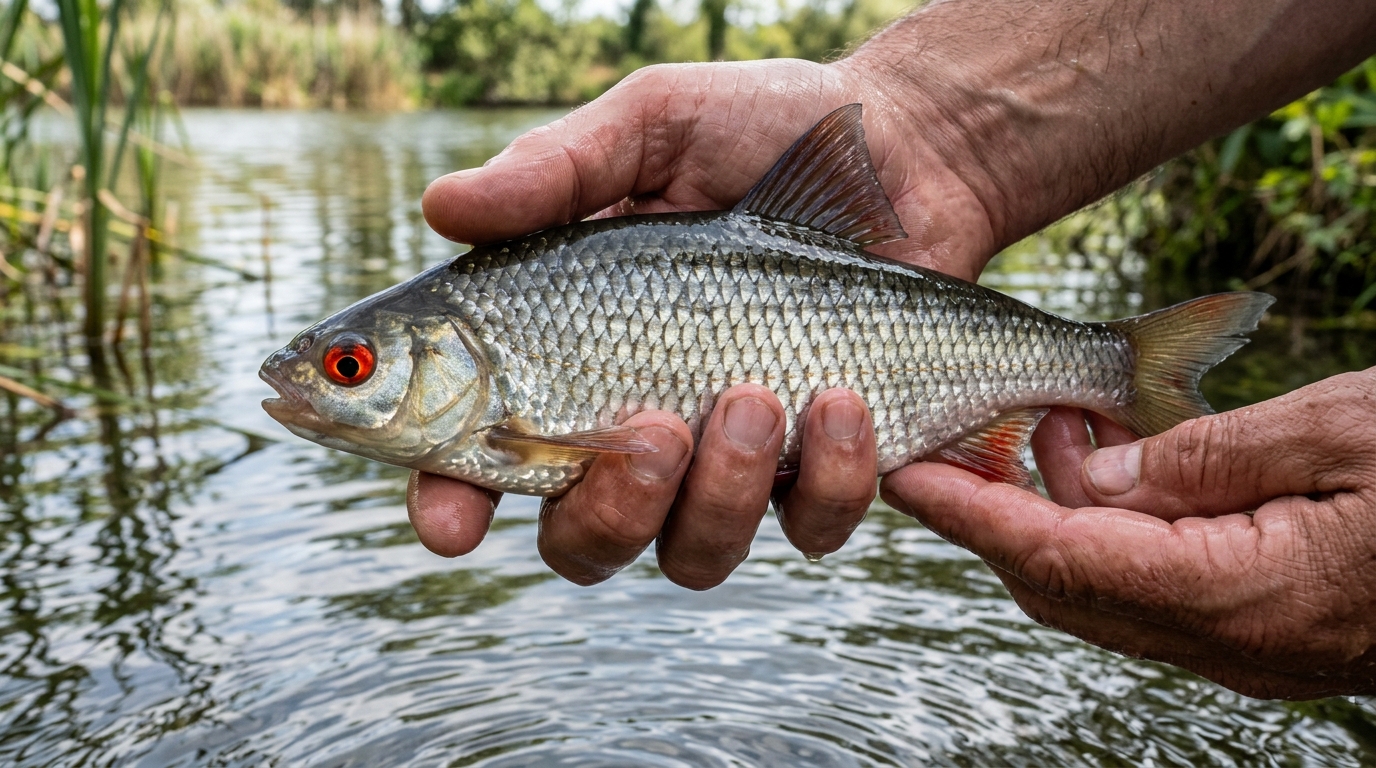 Pêcheur tenant délicatement un gardon aux yeux rouges avec les mains mouillées