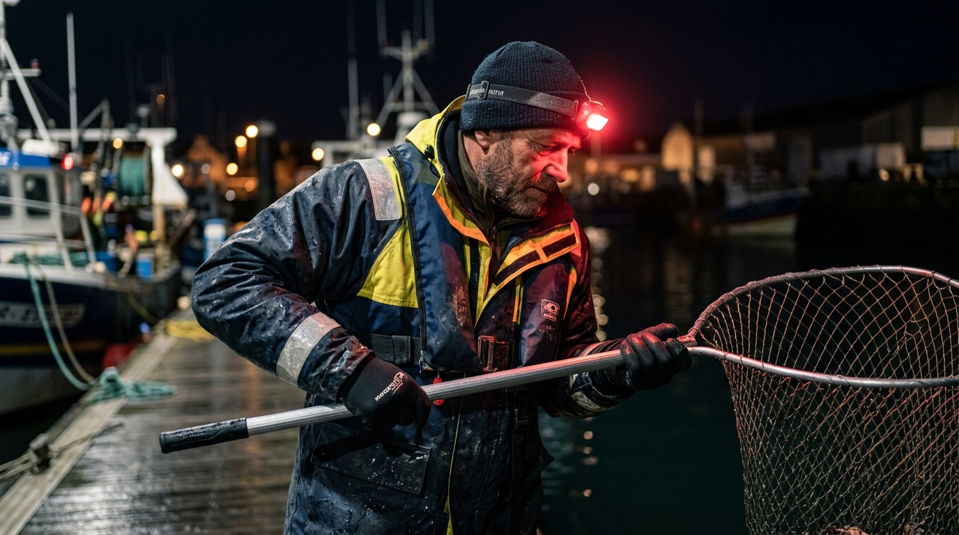 Pêcheur équipé d'une lampe frontale à lumière rouge et d'une épuisette pour la nuit