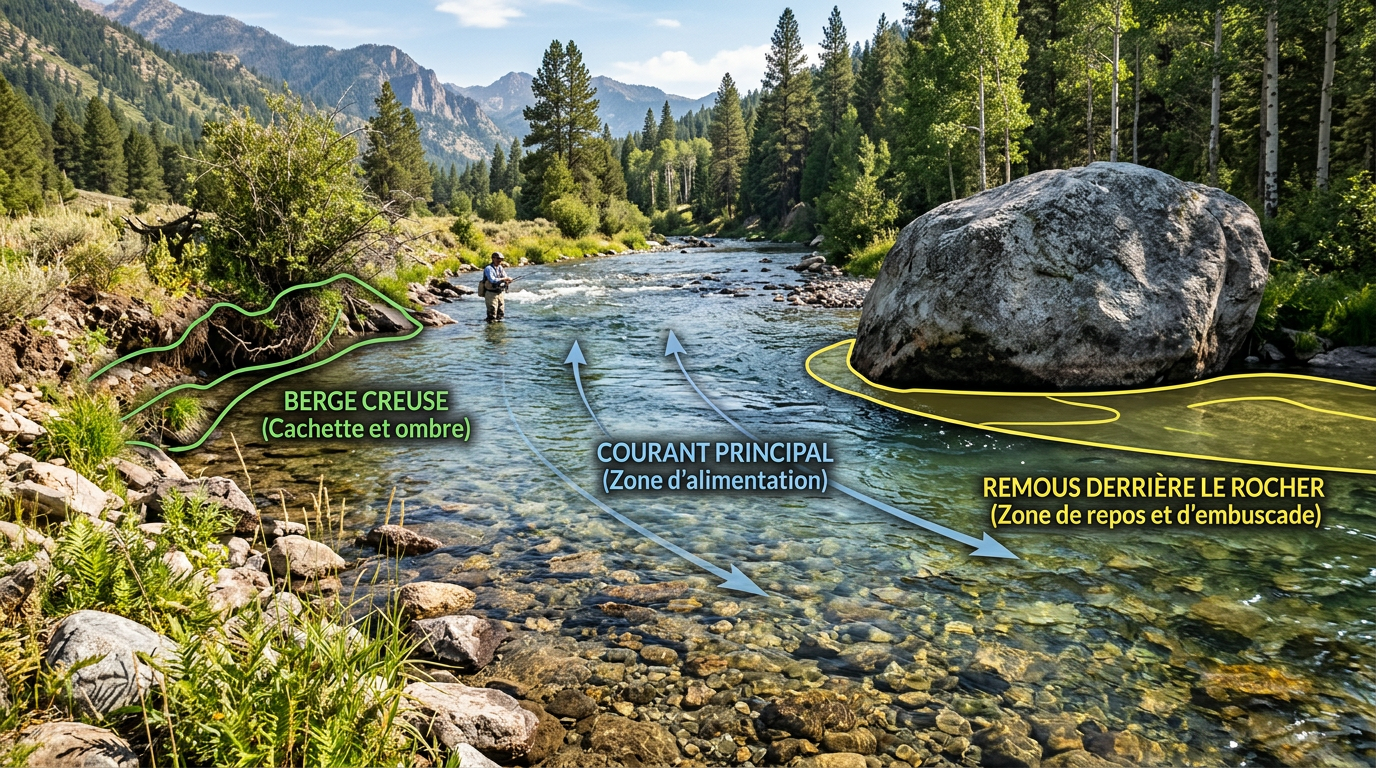 Lecture de la rivière pour la pêche à la truite : repérage des courants et des caches
