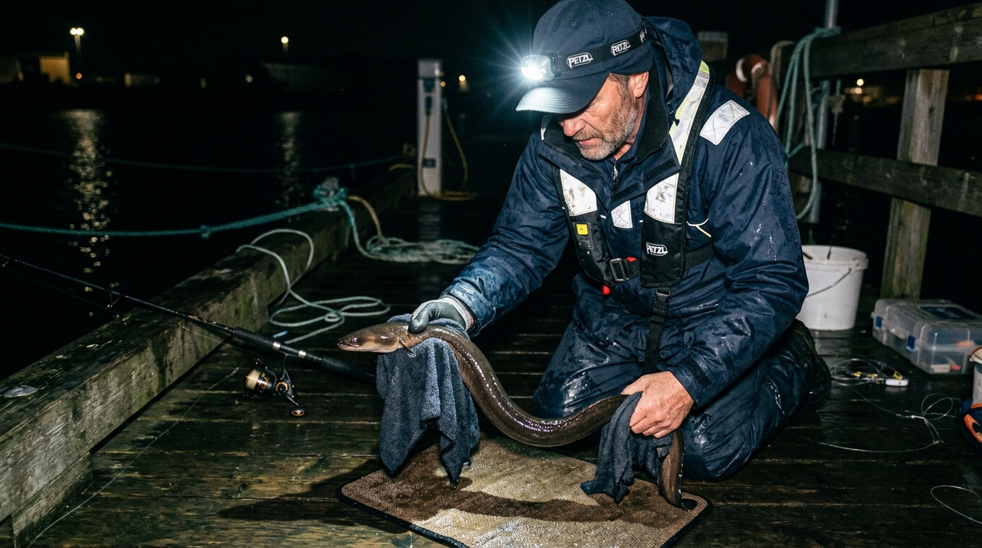 Pêcheur manipulant une anguille avec un linge humide la nuit