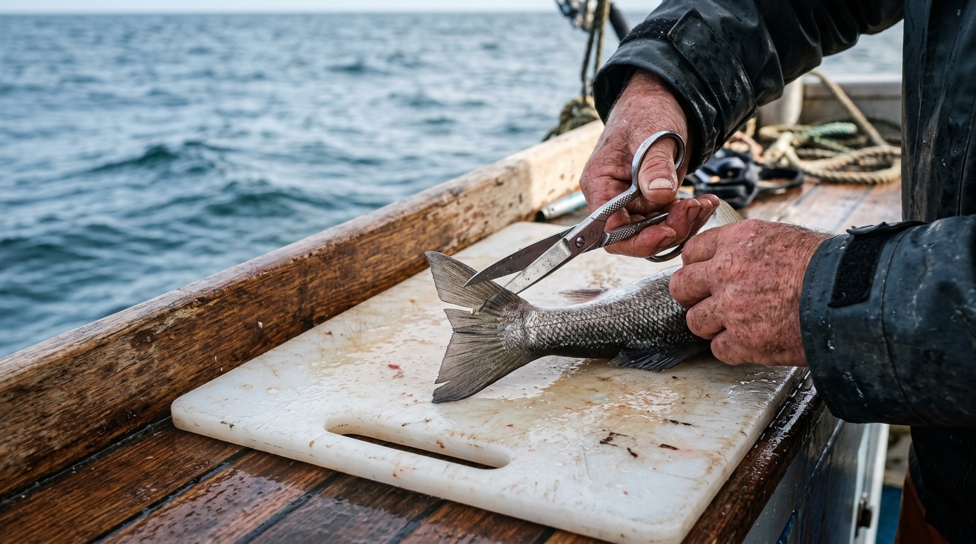 Gros plan sur l'ablation de la nageoire caudale d'un poisson pour le marquage légal