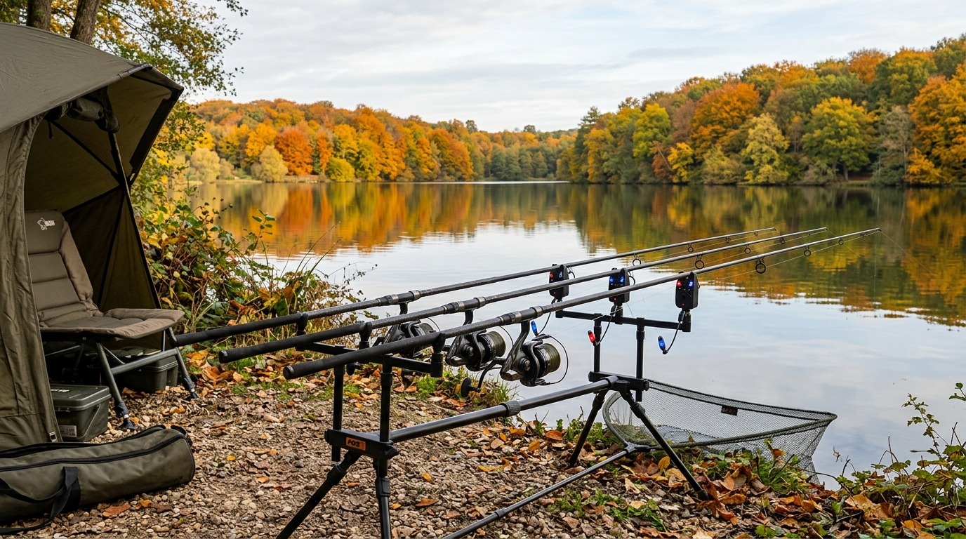 Matériel de pêche à la carpe installé au bord d'un lac en automne