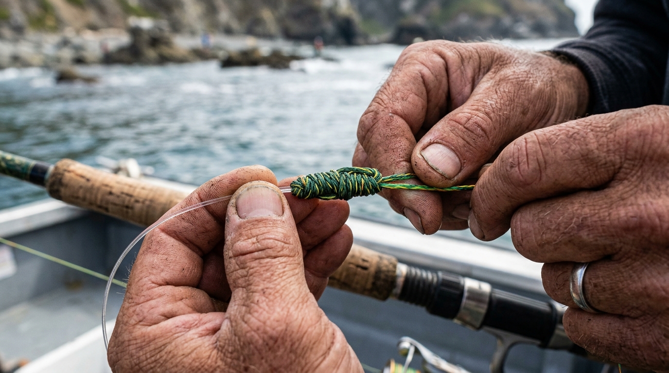 Gros plan sur les mains d'un pêcheur réalisant un nœud de raccord en fluorocarbone