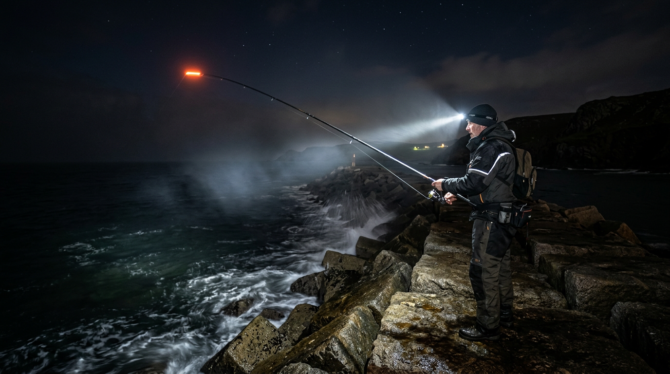 Pêcheur de nuit sur une digue éclairé par une lampe frontale