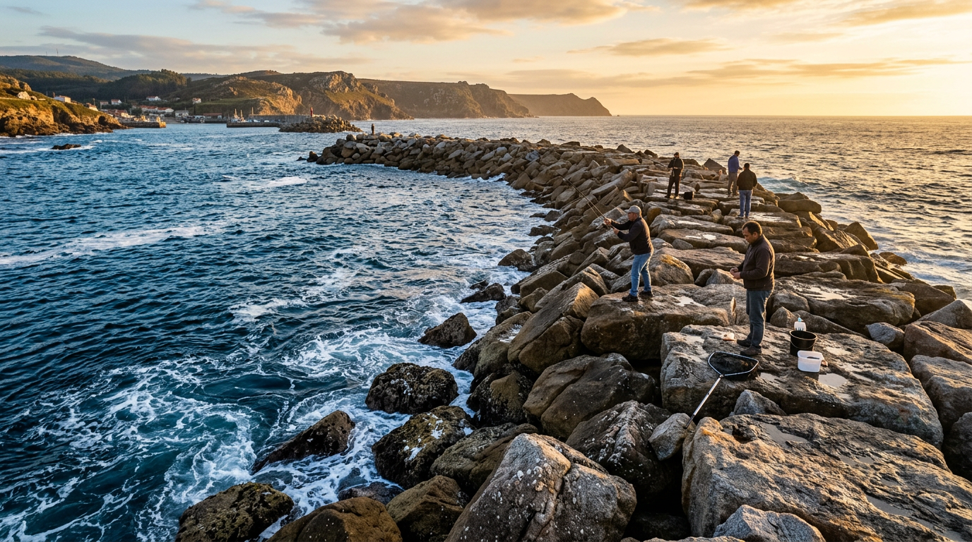Poste de pêche idéal sur une digue rocheuse avec des courants marins