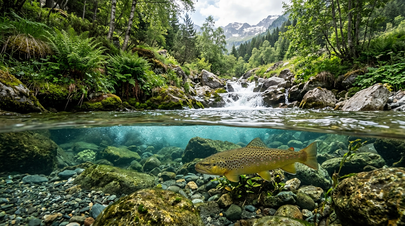 Truite fario nageant dans un cours d'eau de première catégorie