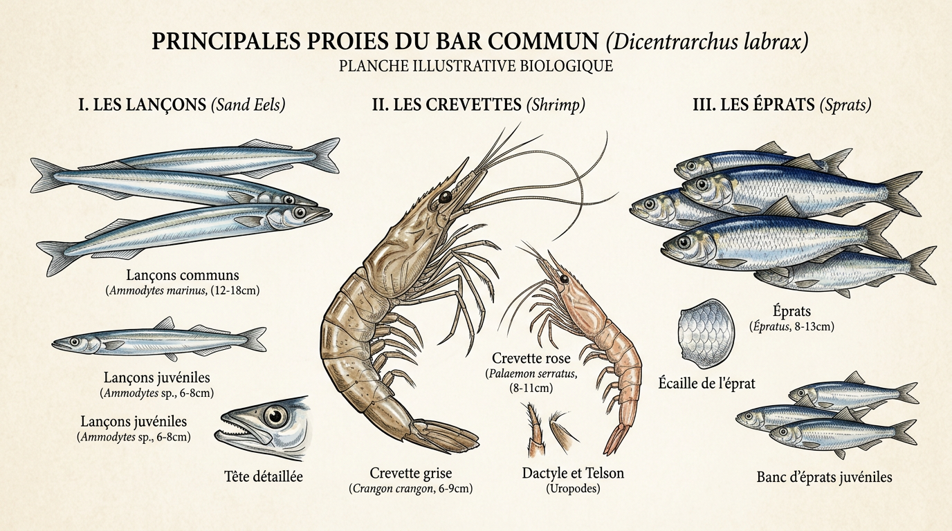 Proies du bar : lançons, crevettes et sprats