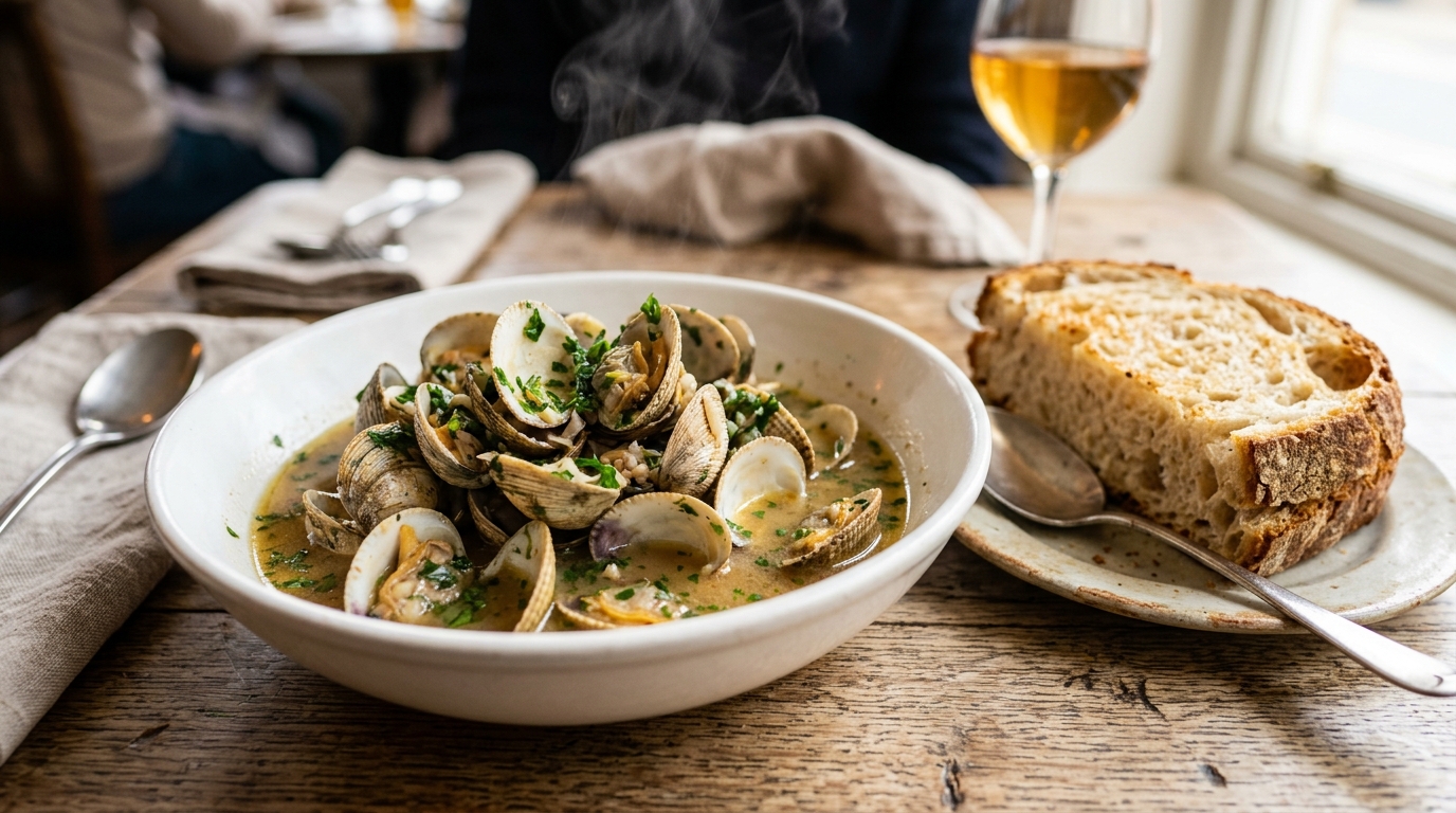 Plat de coques cuites au vin blanc et persil prêtes à être dégustées