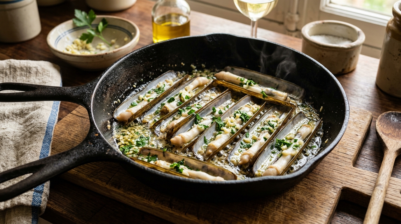 Couteaux de mer cuisinés à la poêle avec du beurre, de l'ail et du persil