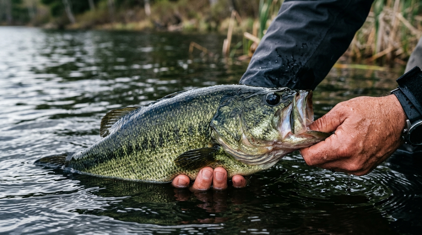 Pêcheur relâchant délicatement un black bass dans l'eau, tenue par la mâchoire