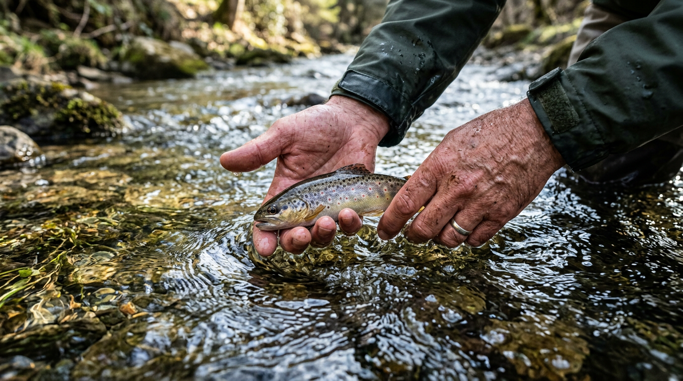 Remise à l'eau d'une truite par un pêcheur pratiquant le catch and release