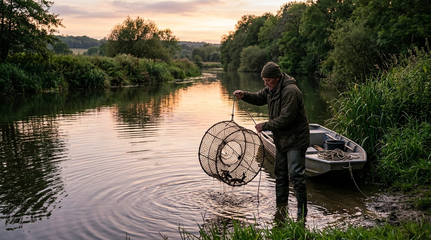 Pêcheur relevant une balance à écrevisses dans une rivière au crépuscule