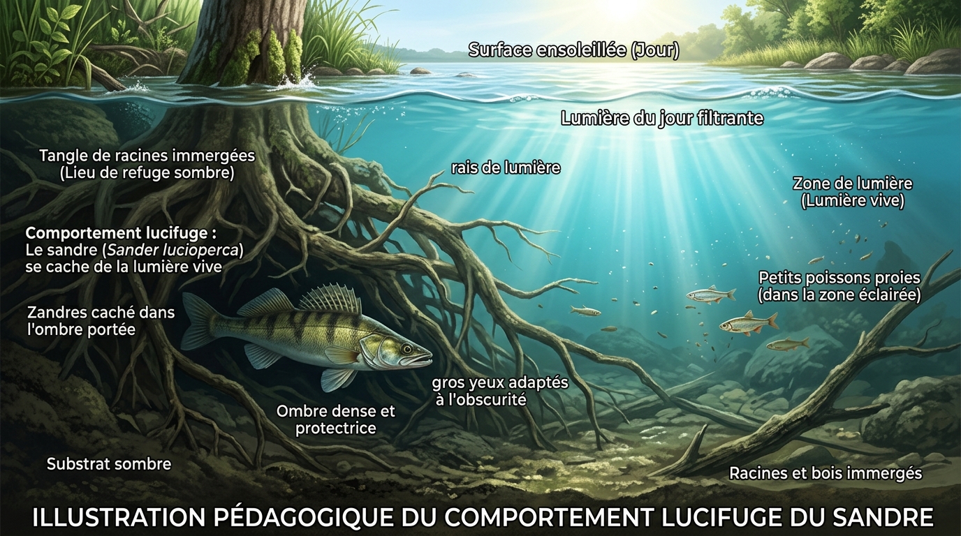 Illustration sous-marine d'un sandre caché dans les racines d'un arbre immergé en journée