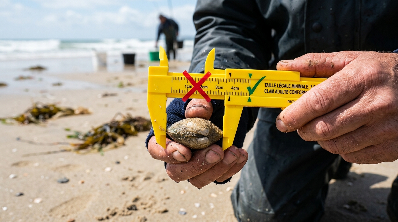 Mesure d'une palourde avec un pied à coulisse sur la plage pour vérifier la taille légale