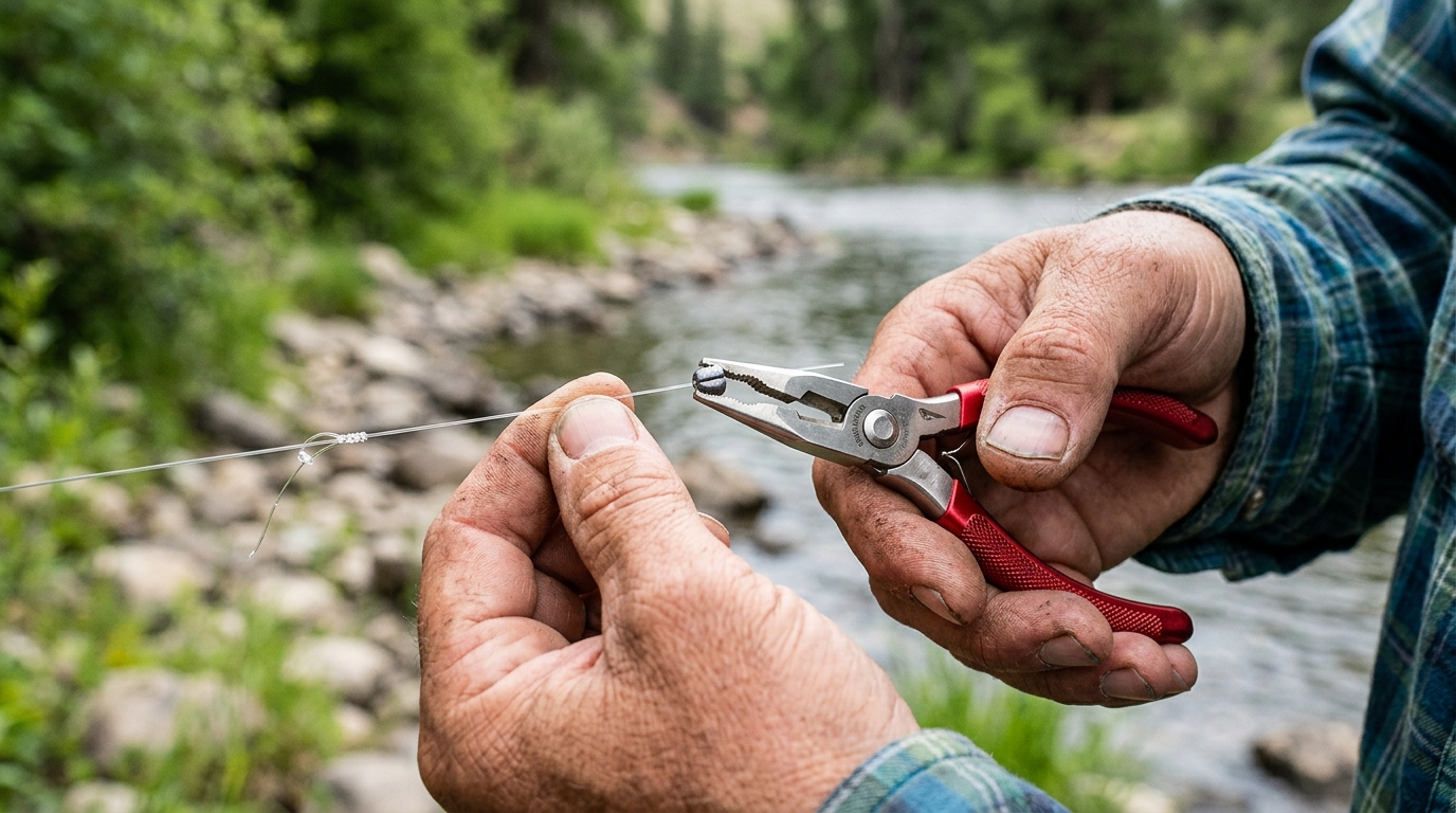 Pêcheur utilisant une pince à plomber pour fixer un plomb sur le nylon