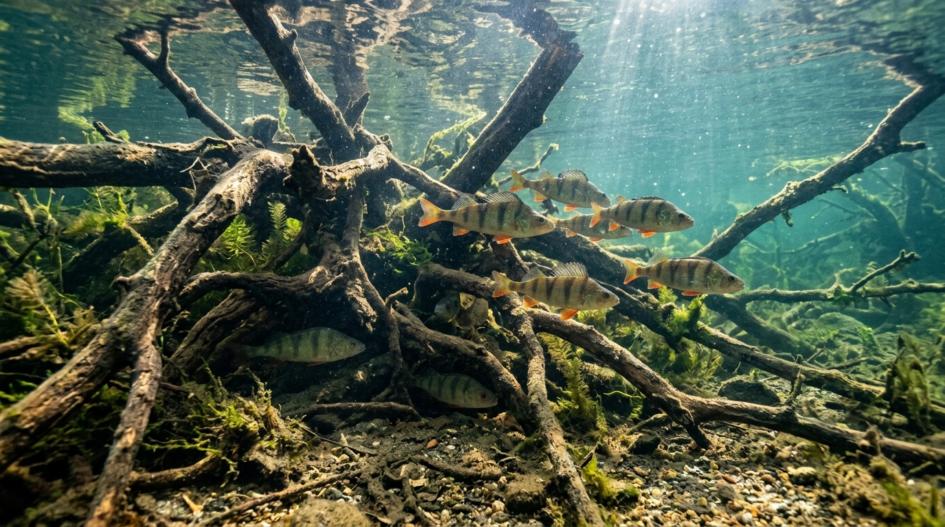 Banc de perches cachées dans des branches d'arbres immergées sous l'eau