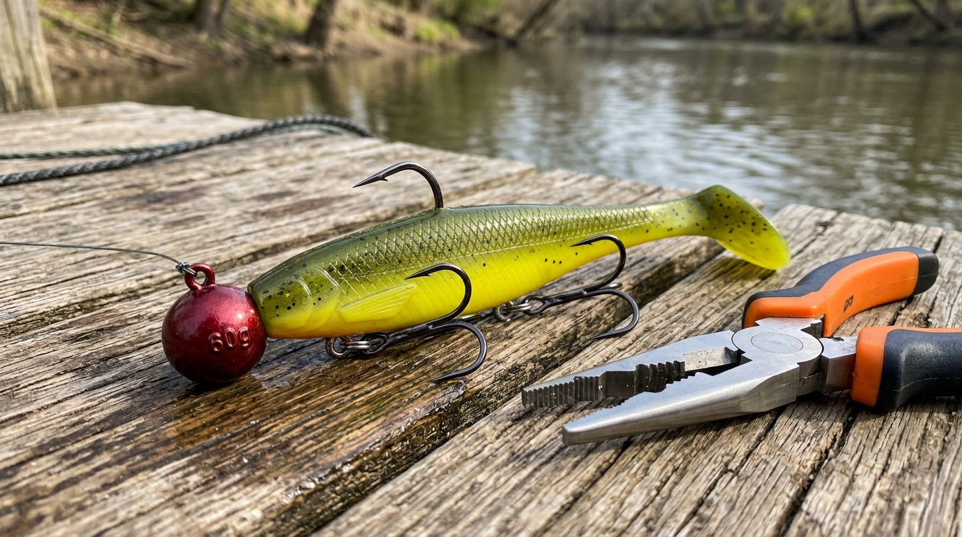 Gros leurre souple shad et montage fireball pour la pêche du silure