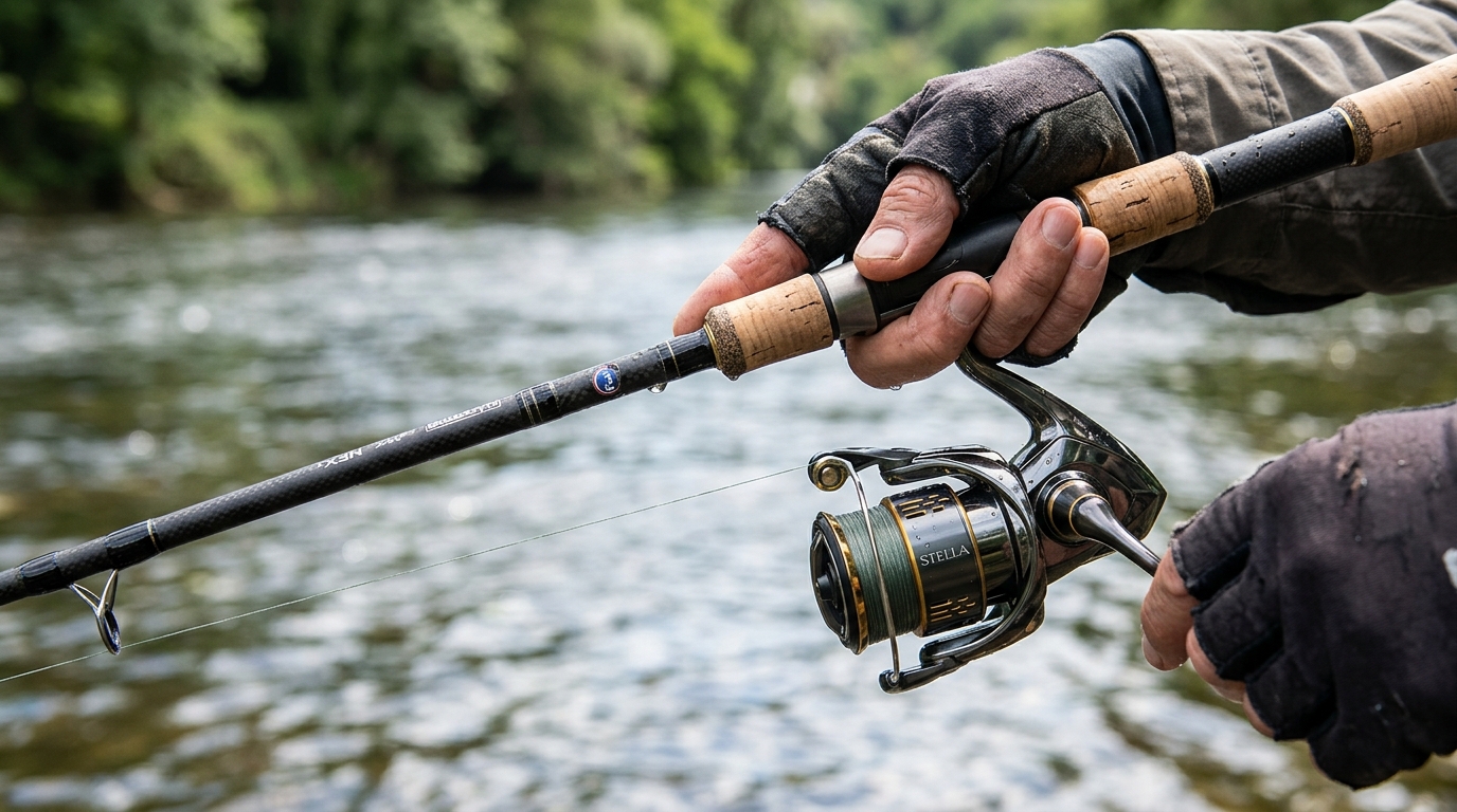 Mains de pêcheur tenant une canne en carbone et un moulinet spinning léger