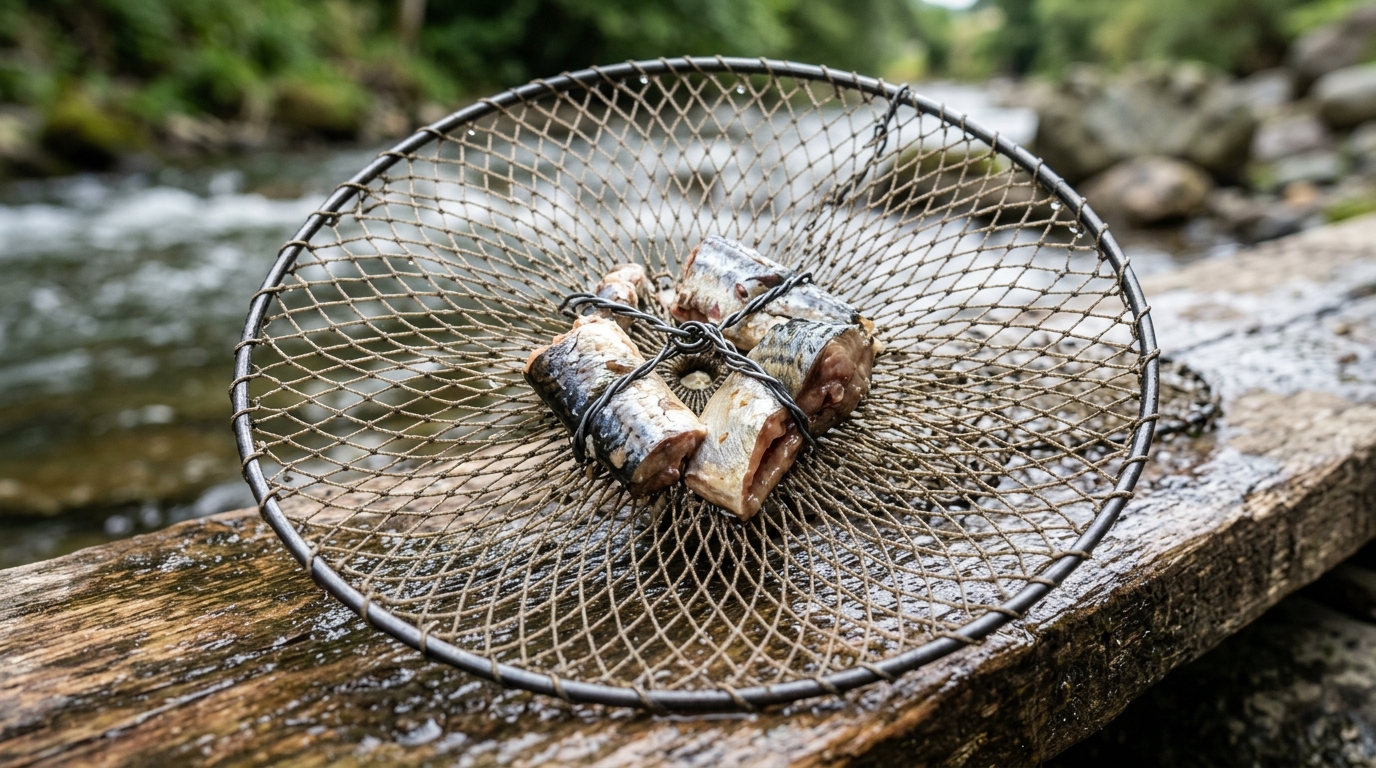 Appât à base de poisson fixé au centre d'une balance à écrevisses