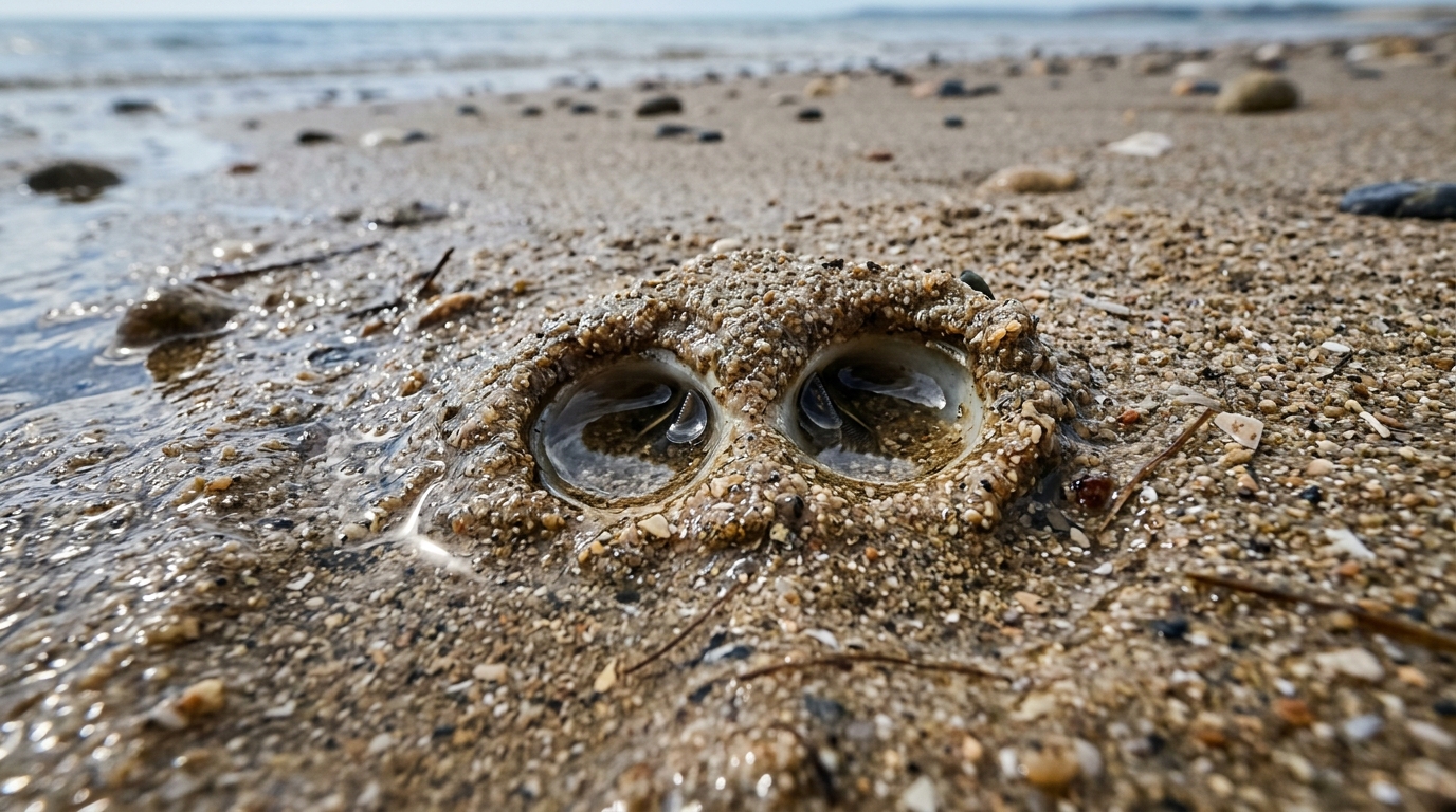 Gros plan sur le trou en huit caractéristique laissé par les siphons d'une palourde dans le sable