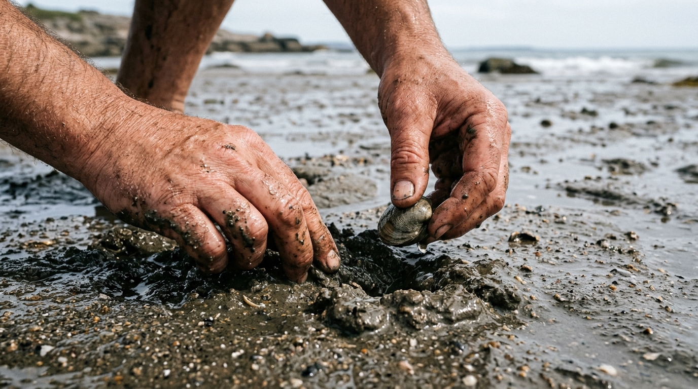Extraction délicate d'une palourde à la main dans le sable humide pour préserver l'écosystème