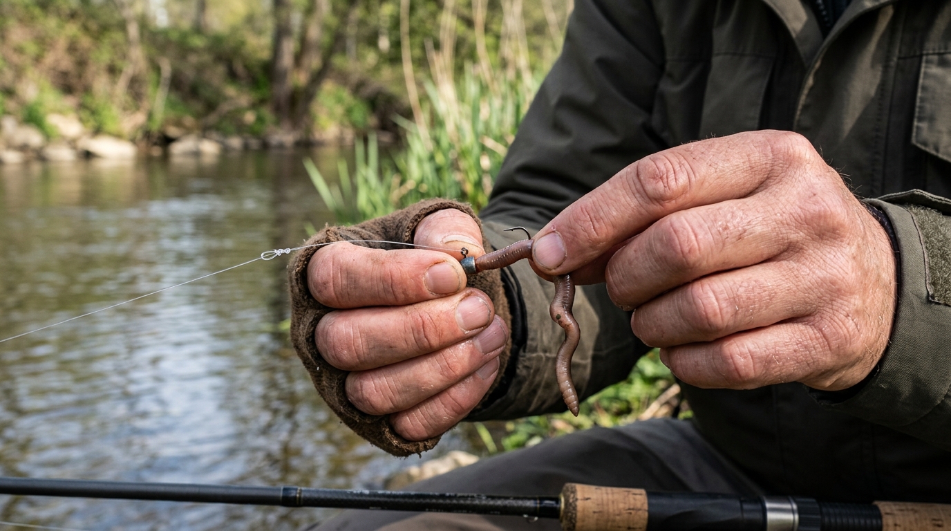 Pêcheur eschant un ver de terre sur une micro tête plombée pour la pêche en finesse