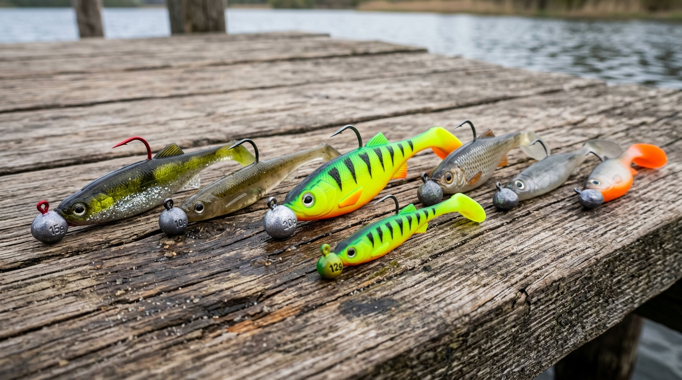 Sélection de leurres souples shads et finesses montés sur têtes plombées