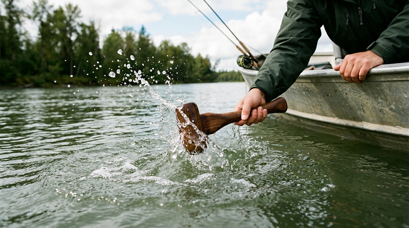 Pêcheur utilisant un clonk à la surface de l'eau pour attirer le silure