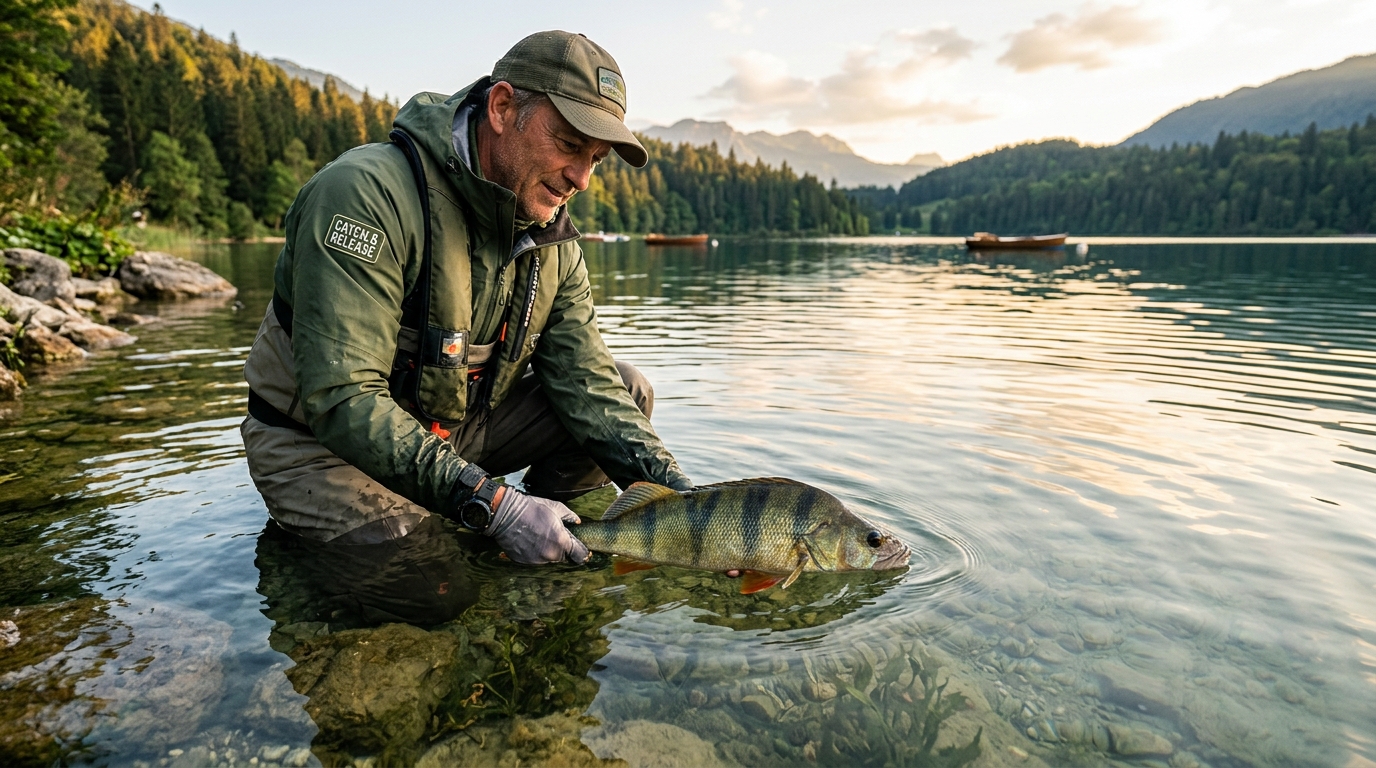 Remise à l'eau d'une grosse perche trophée par un pêcheur en lac