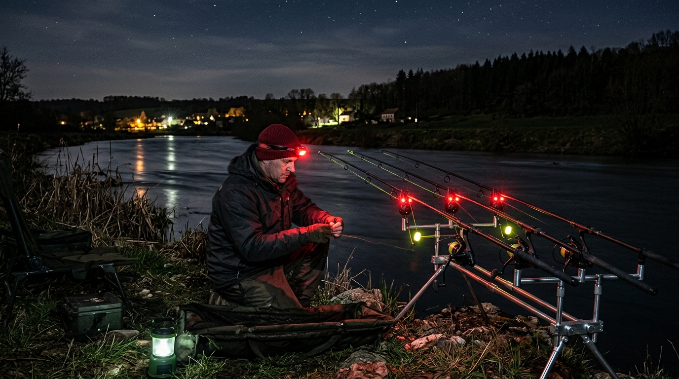 Pêche du silure de nuit depuis la berge avec cannes sur rod pod et lampe frontale